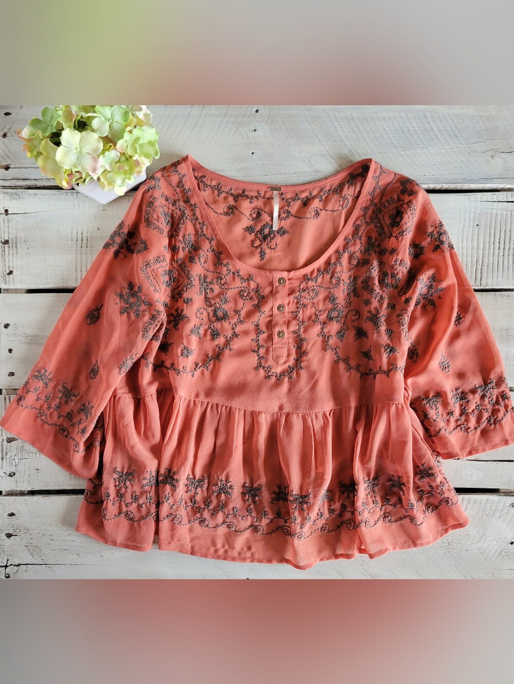 Free People Coral Pink Embroidered Sheer Peplum Blouse Sz Small